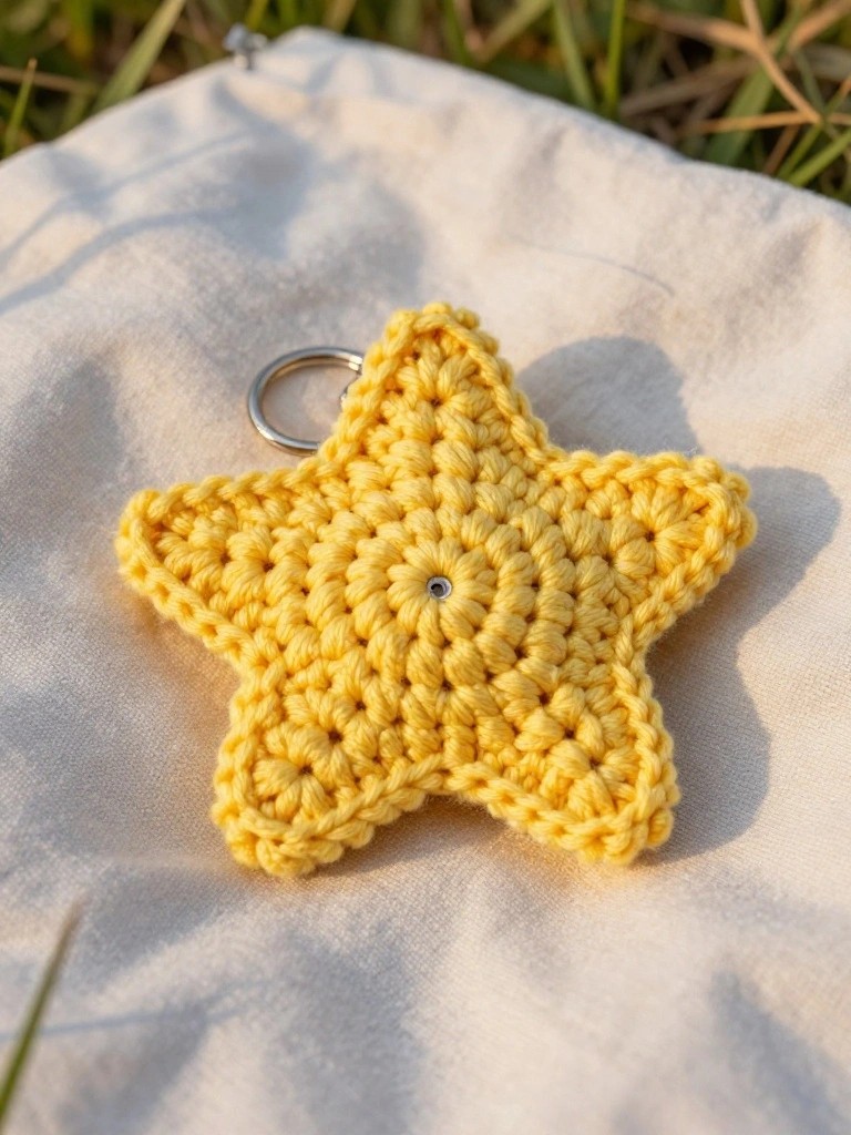 A yellow crocheted star keychain with a metal ring rests on white fabric outdoors.