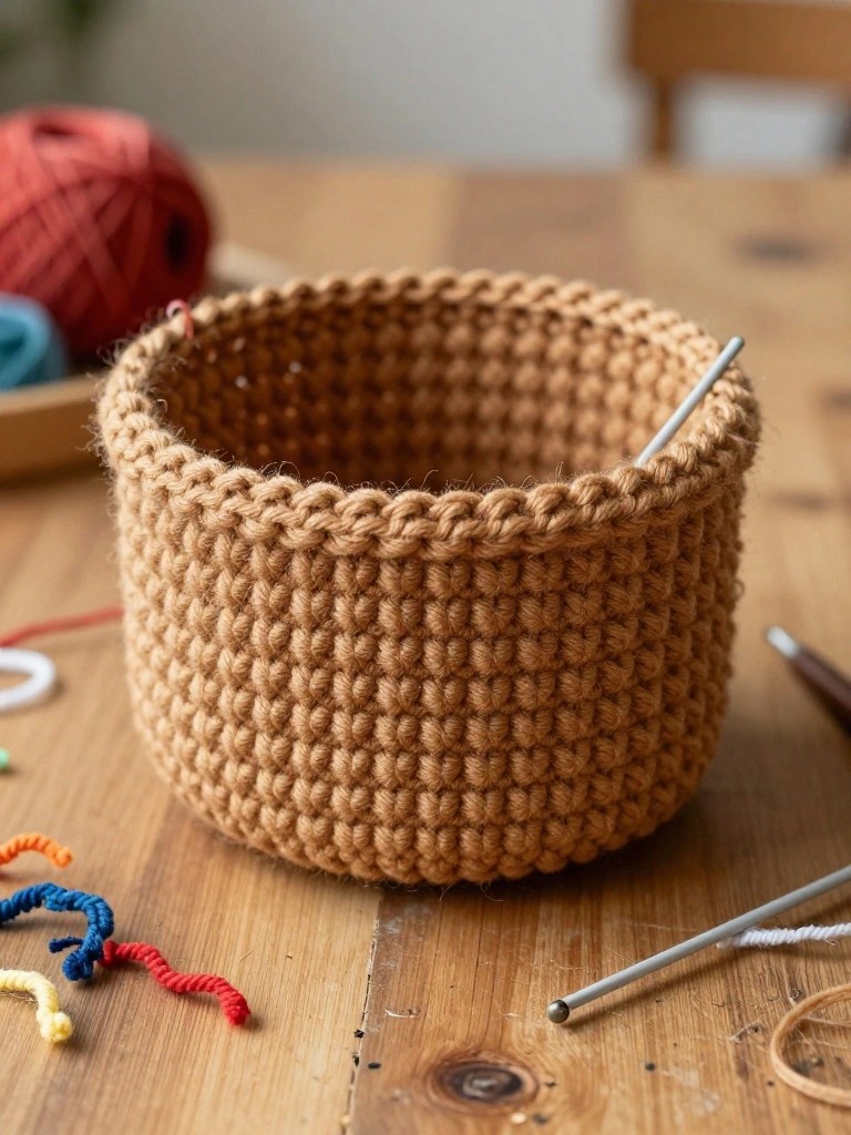 A round brown crocheted basket sits on a wooden table next to balls of yarn and metal crochet hooks.