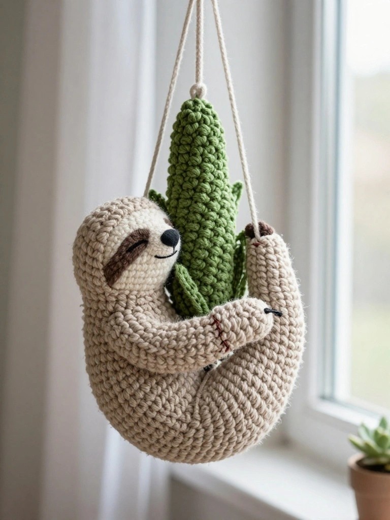 Hanging Sloth with Crochet Cactus