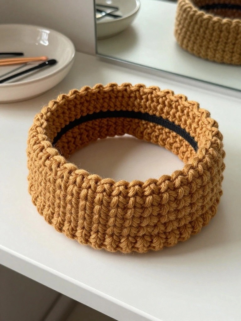 A mustard yellow crocheted headband with a black elastic band inside sits on a white surface.