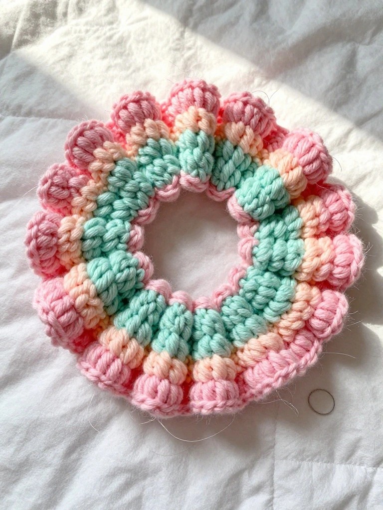 A round crocheted scrunchie in pink, peach, and mint green sits on white fabric.