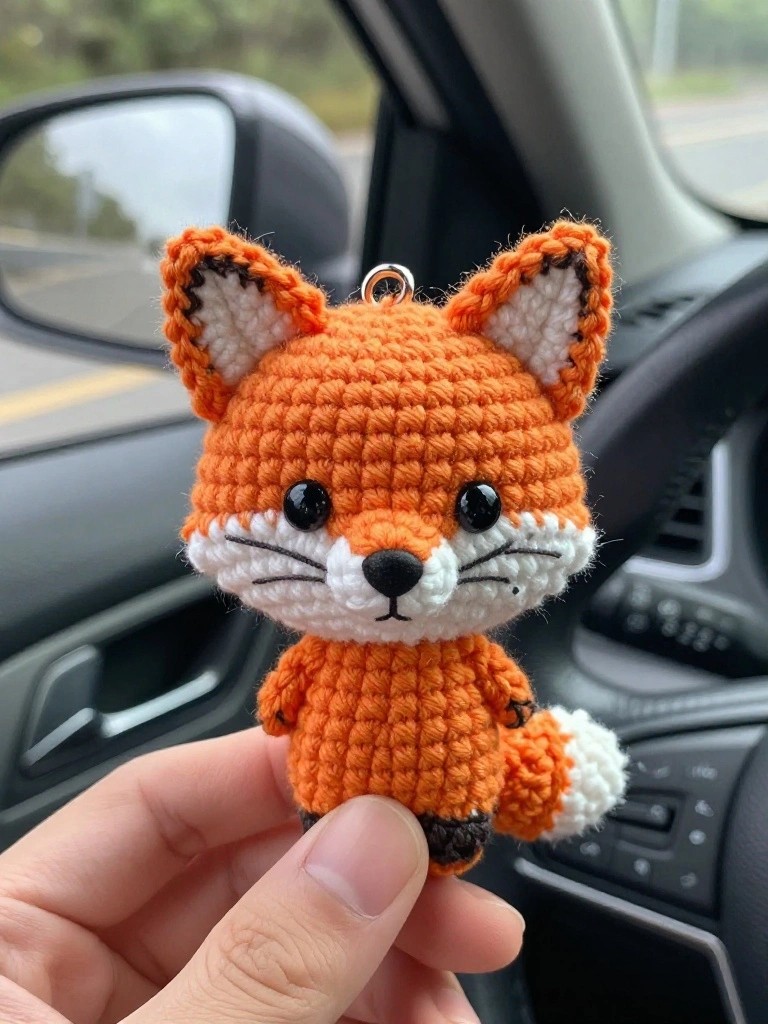 A small orange crocheted fox with white muzzle and tail tip attached to a metal keyring.