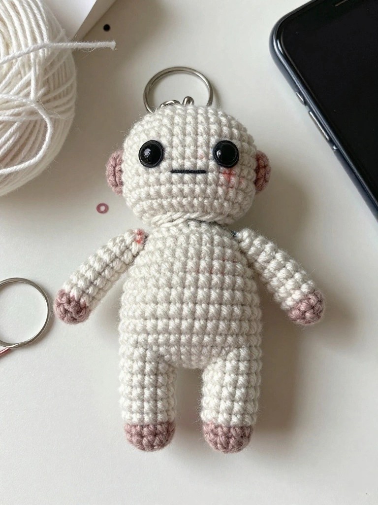 A small white crocheted monkey keychain with light brown accents on the ears, hands, and feet.