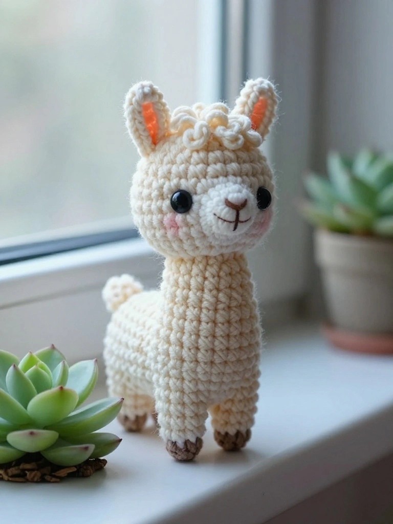 A small cream crocheted llama toy with brown feet sits on a white windowsill beside a green succulent plant.