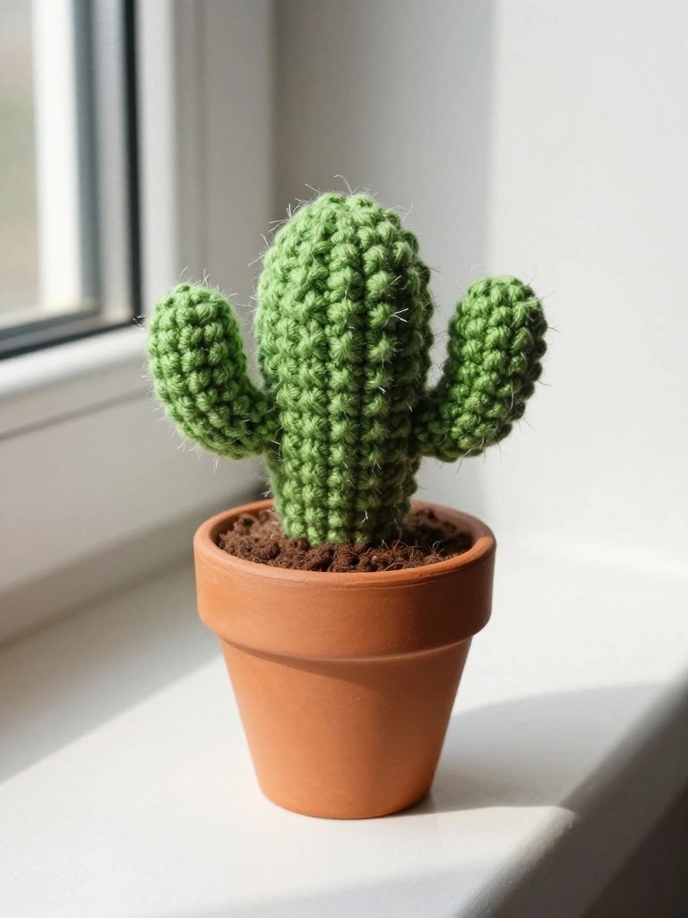 A small green crocheted cactus with two arms sits in a brown terracotta pot on a white windowsill.