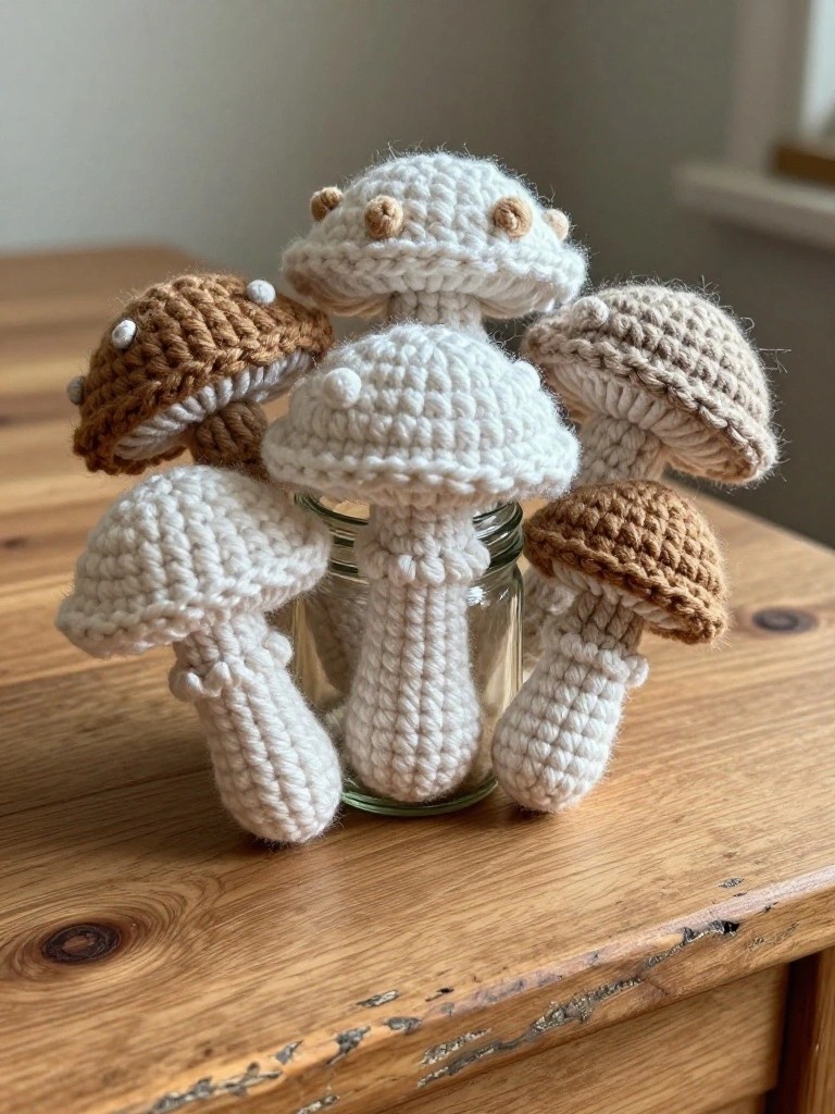 Several small crocheted mushrooms in white, brown, and beige sit clustered in a glass jar on a wooden table.