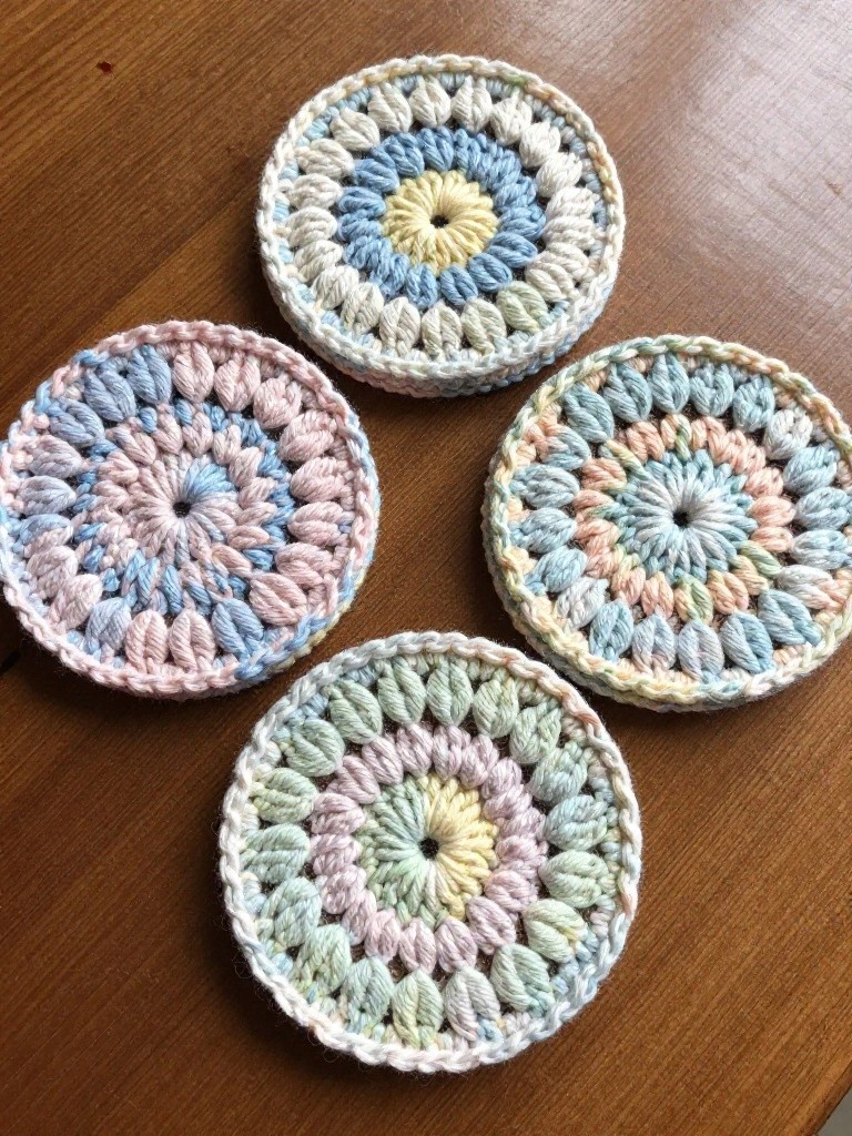 Four pastel crocheted circular coasters rest on a wooden surface.