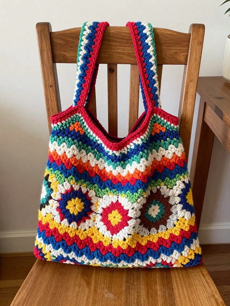 Rainbow Granny Square Tote Bag