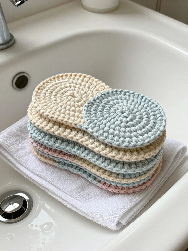A stack of pastel crocheted circular pads sits on a folded white towel inside a bathroom sink.