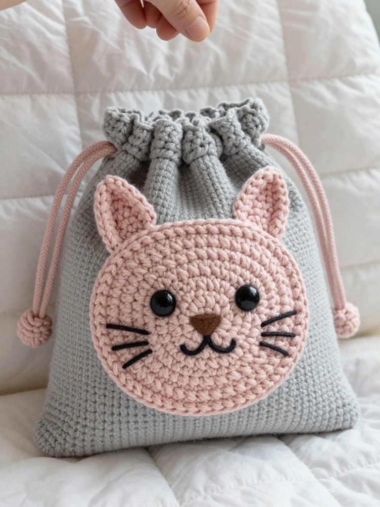 A gray crocheted drawstring bag with a pink cat face appliqué sewn on the front.