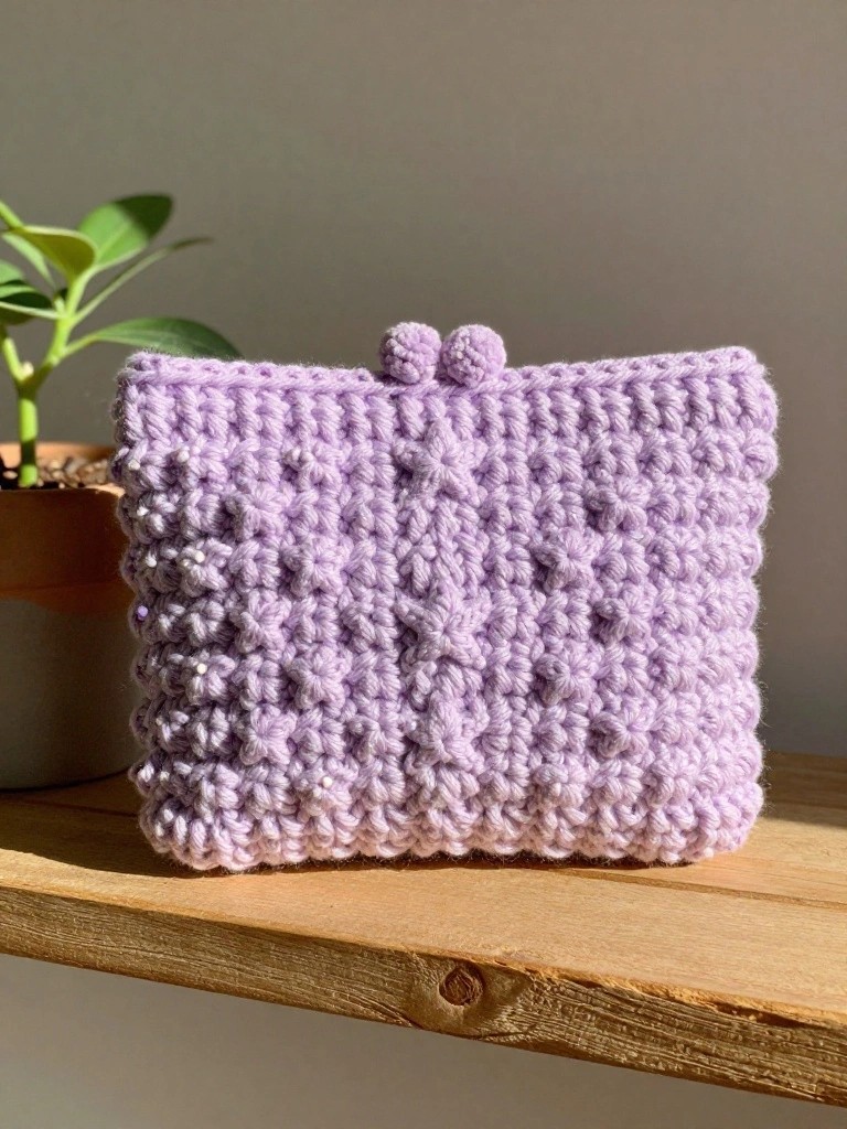 Textured Crochet Clutch with Pom-Pom Closure