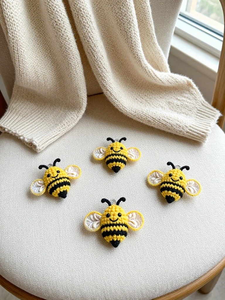 Four small yellow and black crocheted bees with wings and metal rings rest on a white fabric surface.