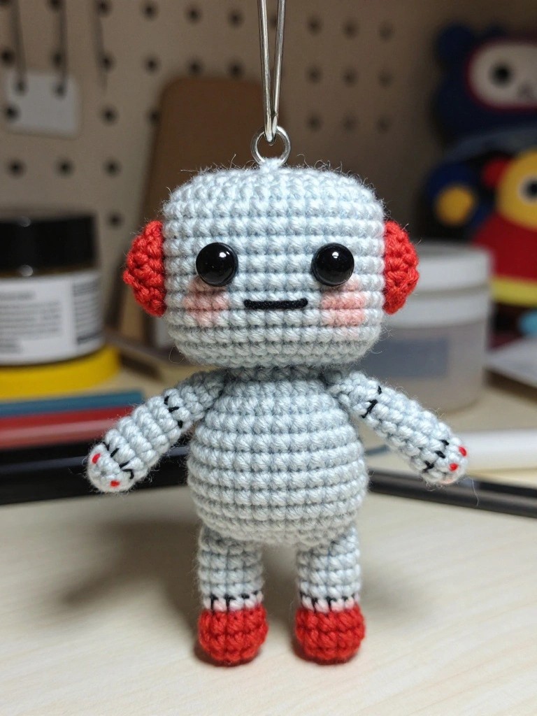 A small crocheted gray robot keychain with red accents on the head sides, hands, and feet hangs from a metal ring.