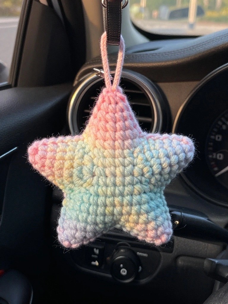 A crocheted star keychain in pastel rainbow colors hanging from a strap inside a car.