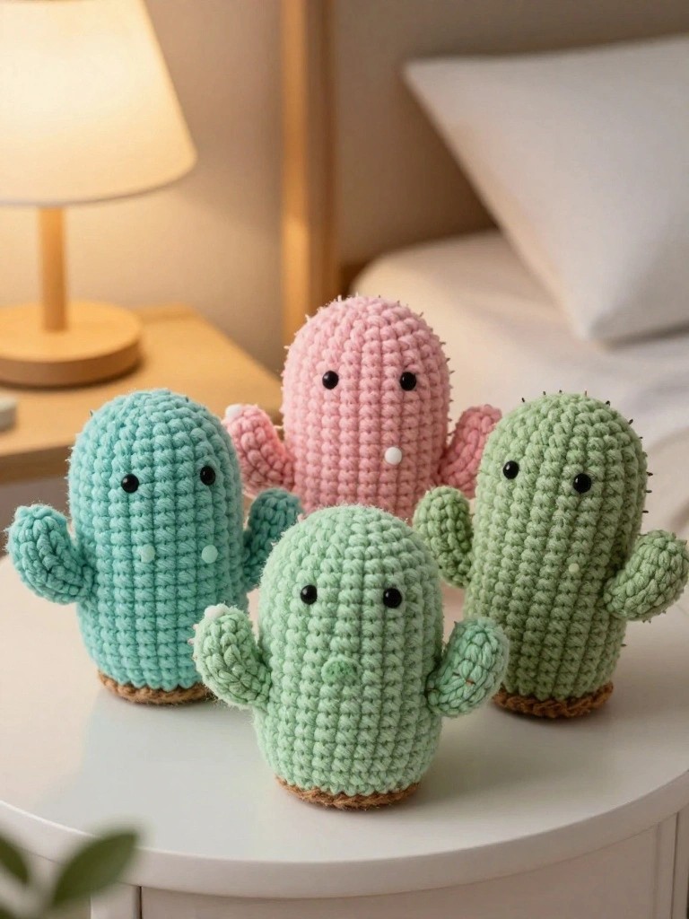 Four small crocheted cactus figures in green and pink sit together on a white bedside table.