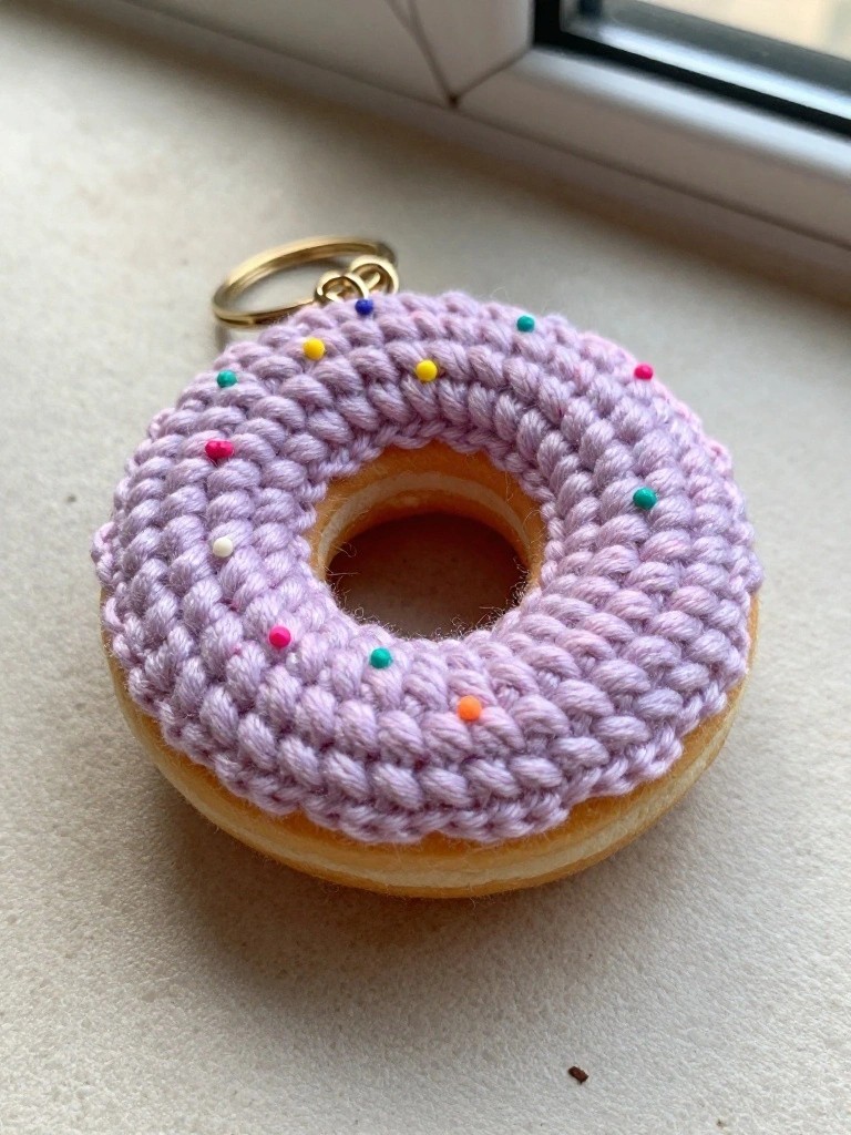 Crochet Donut Keychain Using a Real Base