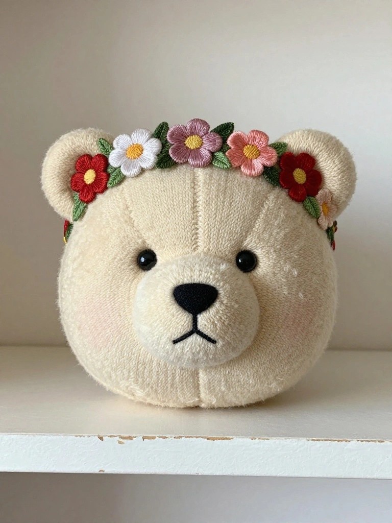 A plush bear head with a floral crown on a white shelf.