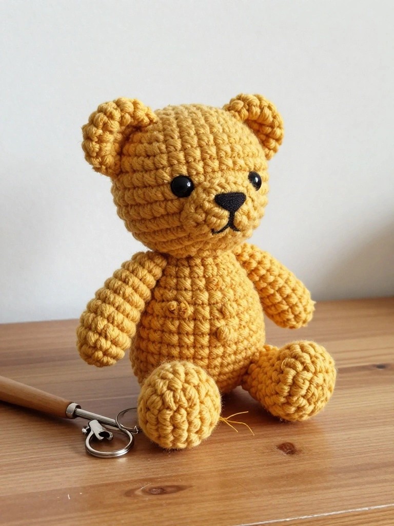 Crocheted yellow teddy bear sitting on a wooden surface, with a keychain nearby.