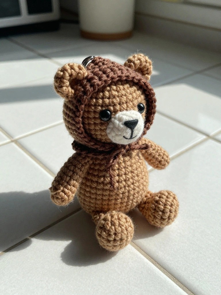 Crocheted teddy bear keychain, brown with a hoodie, sitting on tiled surface.