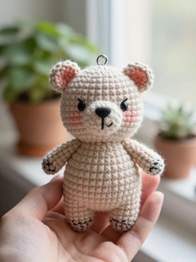 A cute crocheted bear doll in a person's hand, with blushing cheeks and a hanger.