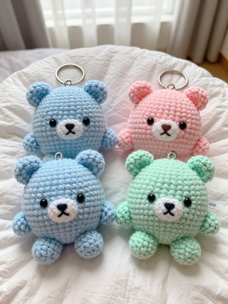 Four crocheted bear keychains in blue, pink, and green placed on a white fabric background.