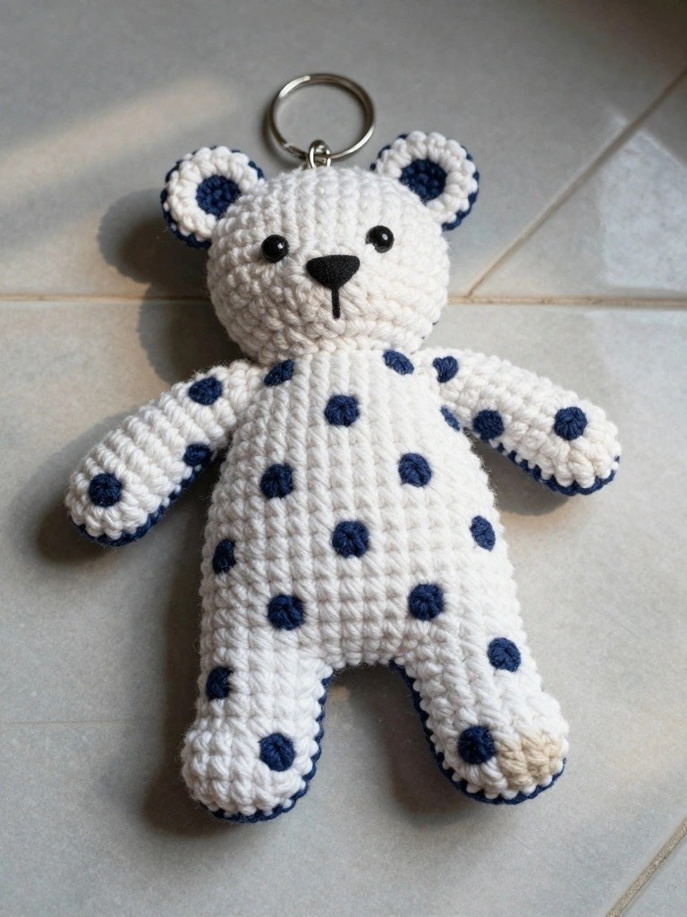 White crocheted bear keychain with navy polka dots and black buttons for eyes.