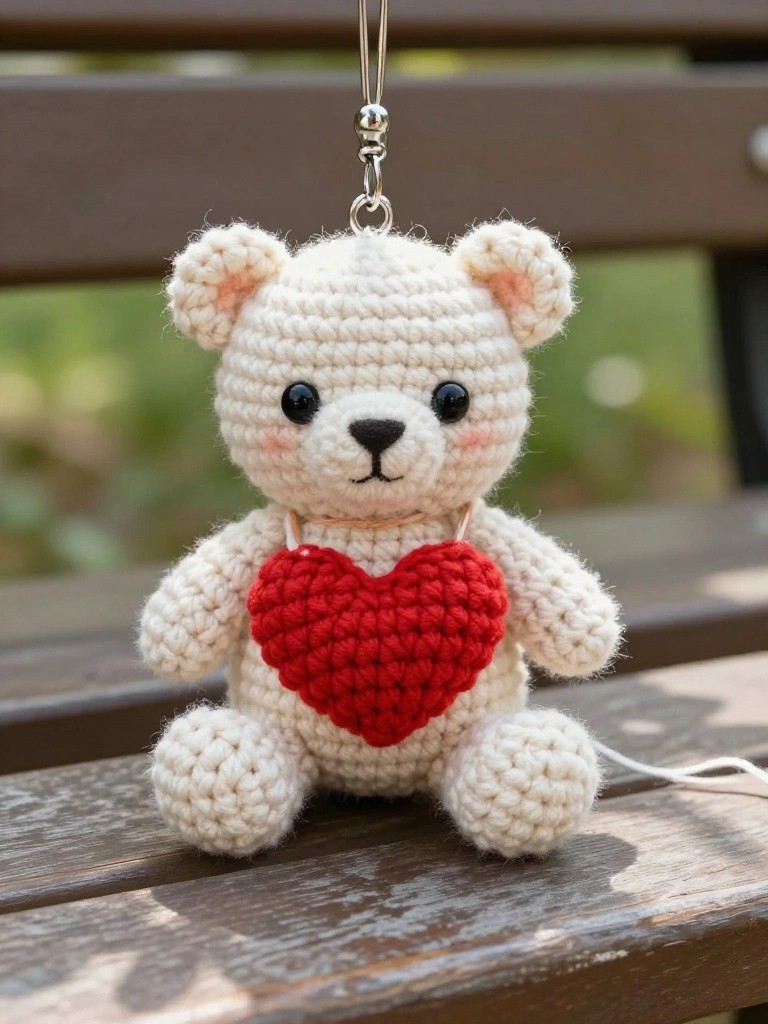 A cute crocheted teddy bear keychain holding a red heart, resting on a wooden bench.