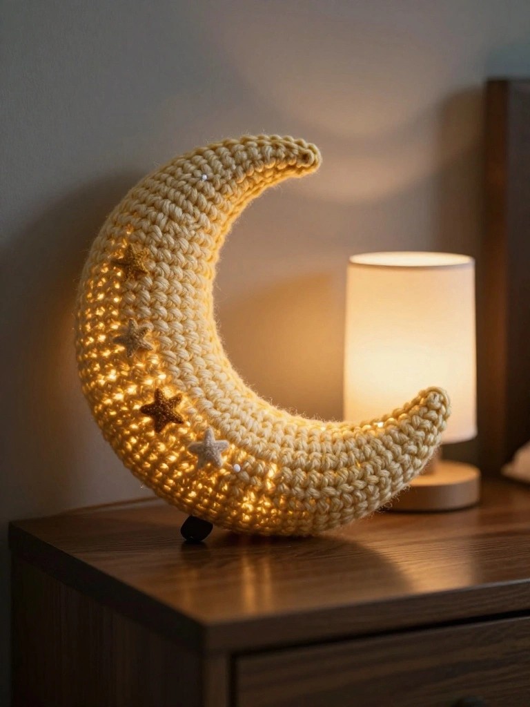 A crocheted yellow crescent moon with small glowing lights inside and attached star shapes sits on a wooden surface next to a lamp.