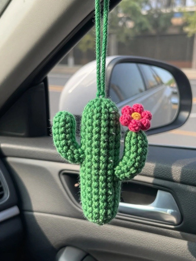Crocheted Cactus Rearview Mirror Charm