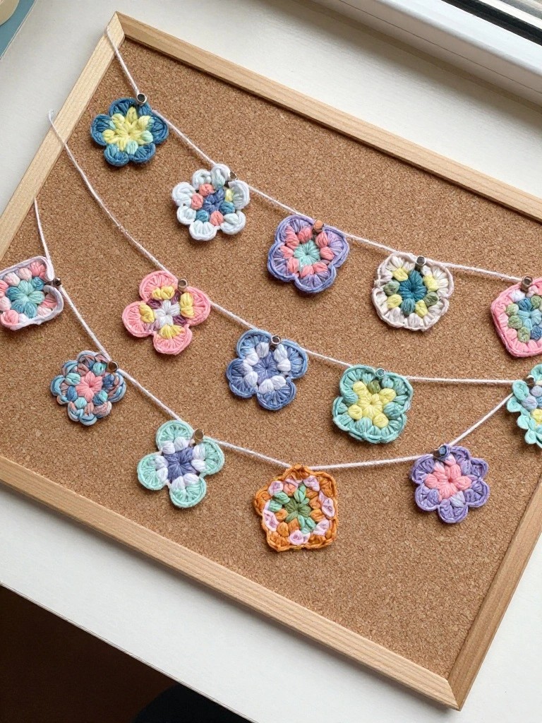 Colorful crocheted flower motifs strung on white yarn across a corkboard frame.