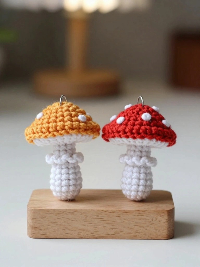 Mini Mushroom Keychains From Scrap Yarn