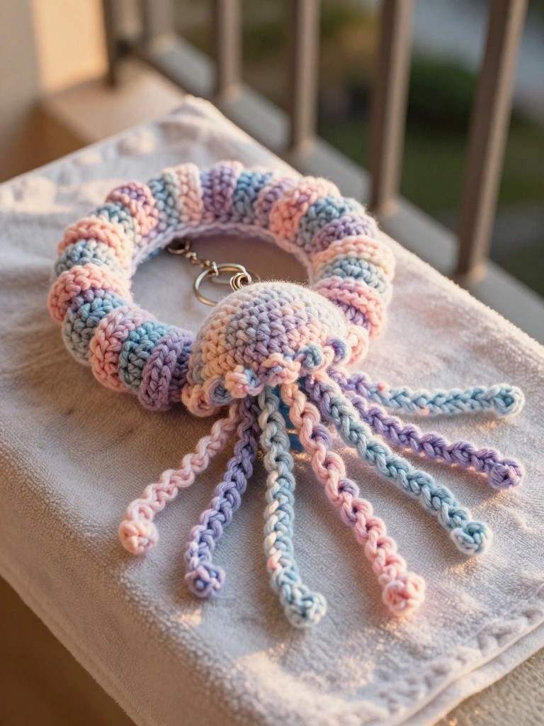 A pastel striped crocheted jellyfish keychain with multiple tentacles rests on a white towel.