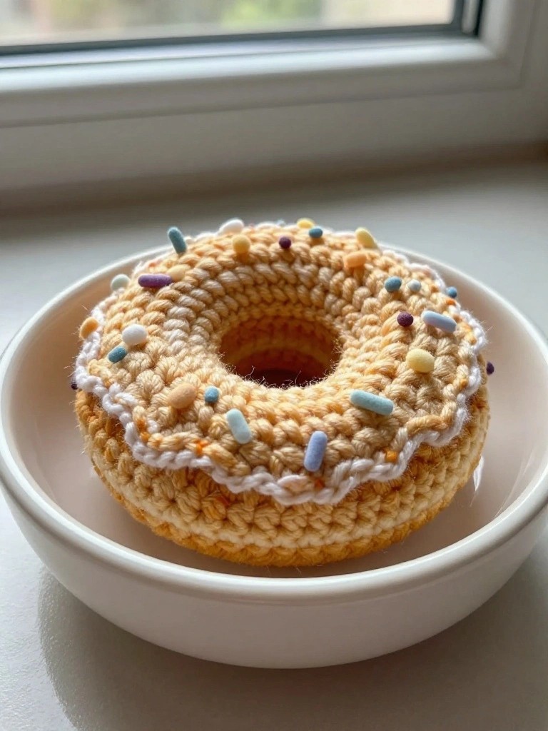 A crocheted donut in beige yarn with white edging and small colorful pieces sits on a white plate by a window.