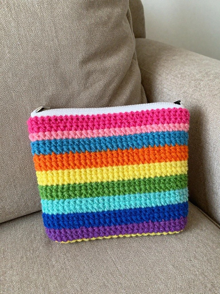 Striped Crochet Zipper Pouch