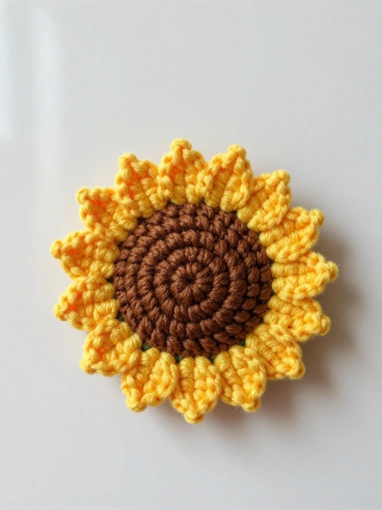 A crocheted sunflower with a brown center and yellow petals on a white surface.