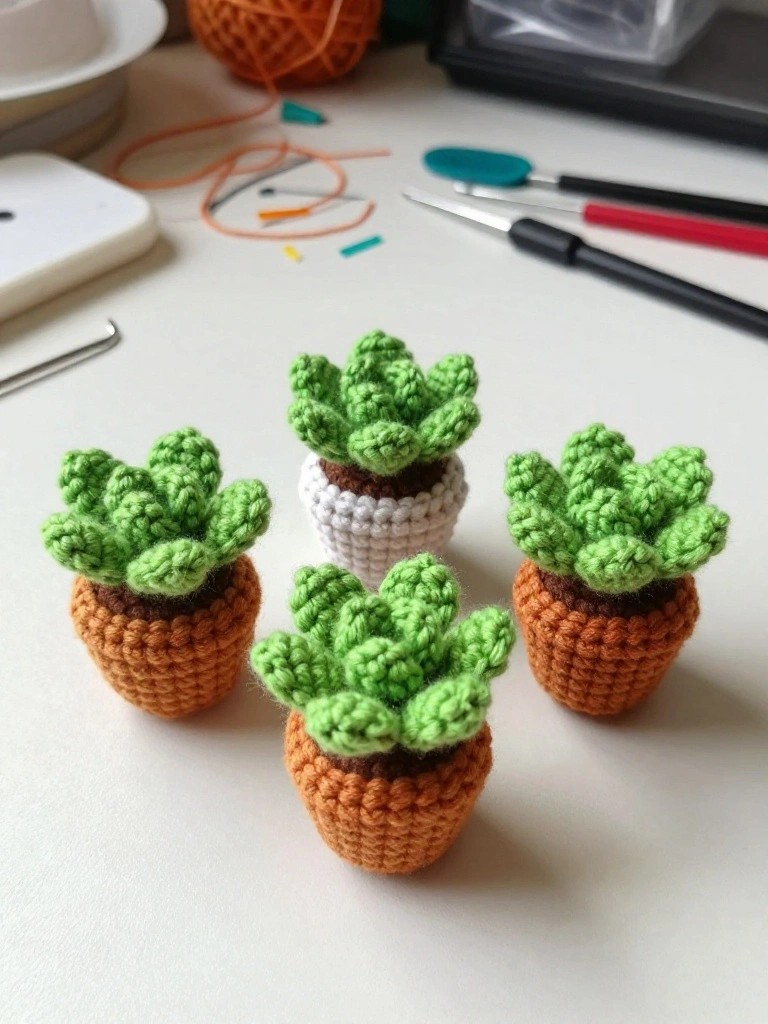 Four small crocheted cacti in brown and orange pots sit on a white surface with crafting tools nearby.