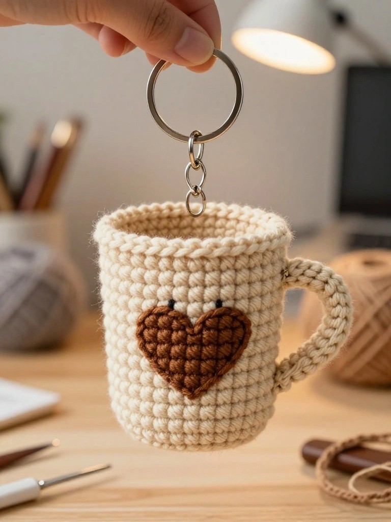 Crocheted Mug Keychain with Heart Applique