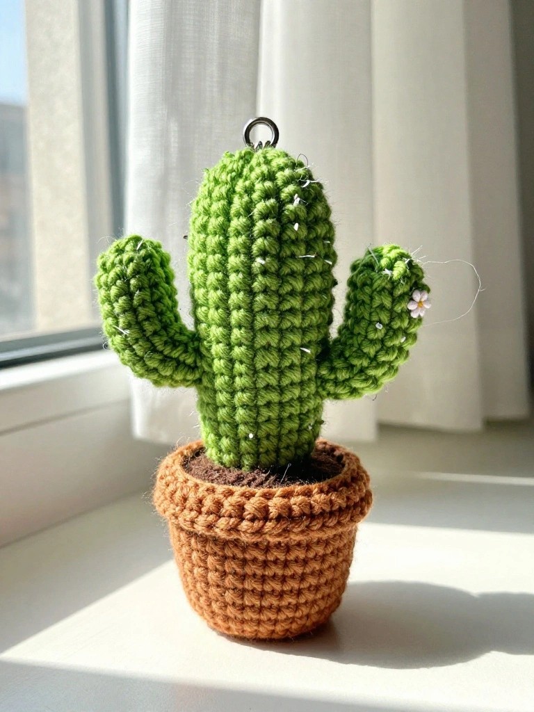 A small crocheted green cactus with side arms and a pink flower detail sits inside a brown crocheted pot, with a metal keyring loop attached at the top.
