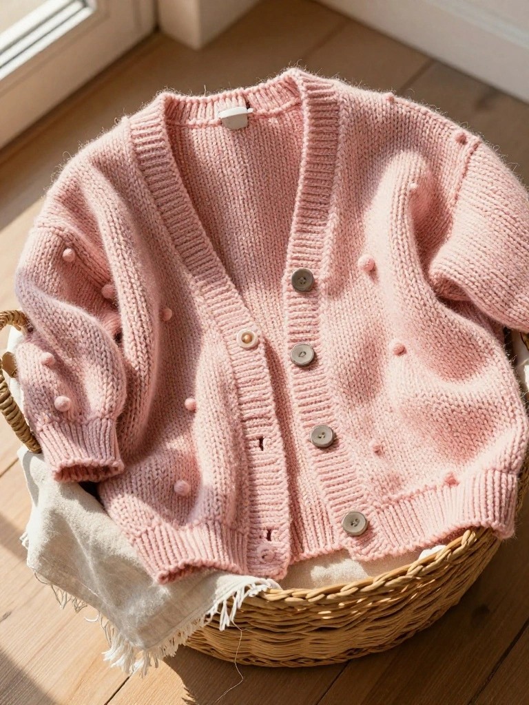 Bobble-Accented Cardigan in Soft Pink