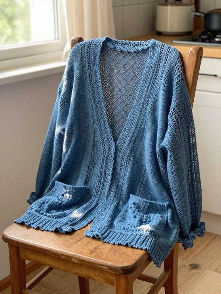 Lacy Openwork Cardigan with Bobble Pockets