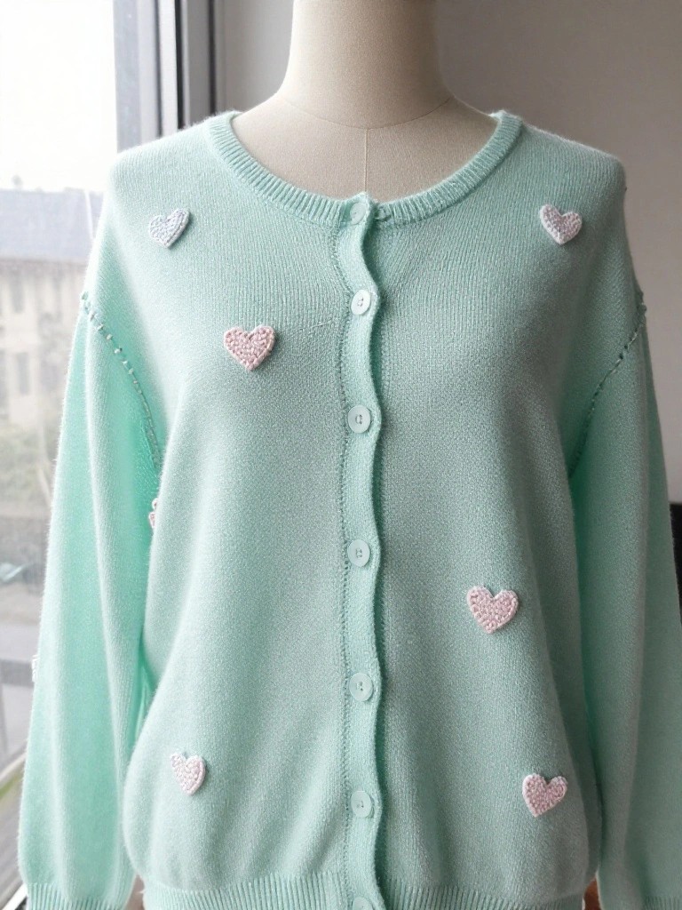Pastel Cardigan with Scattered Heart Appliques