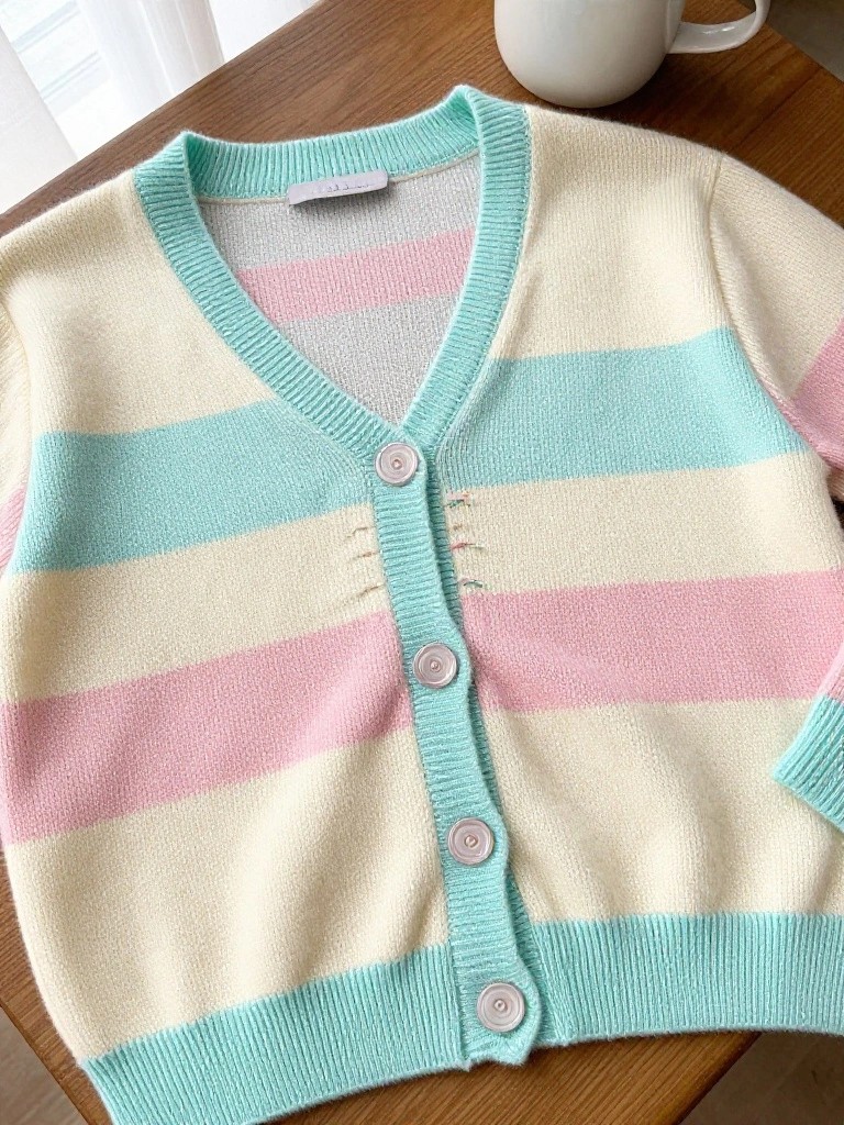 Pastel Striped Cardigan with Solid Trim