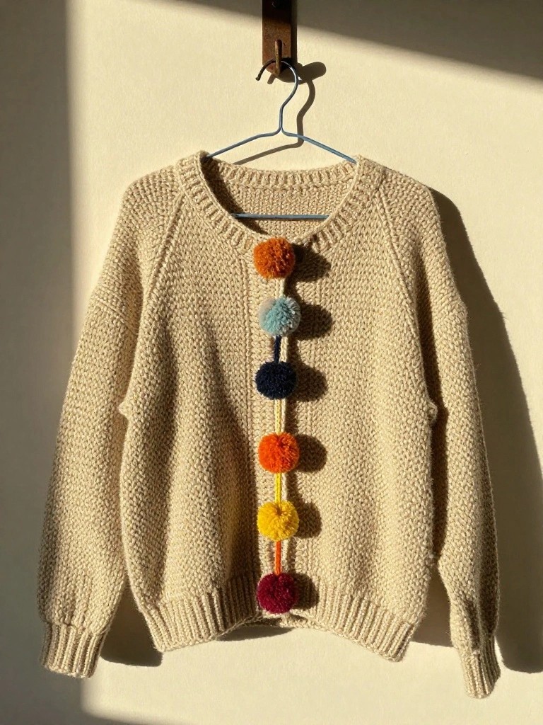 Pom-Pom Trim on a Neutral Cardigan