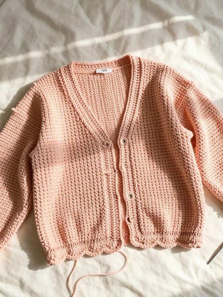 Textured V-Neck Cardigan with Scalloped Hem