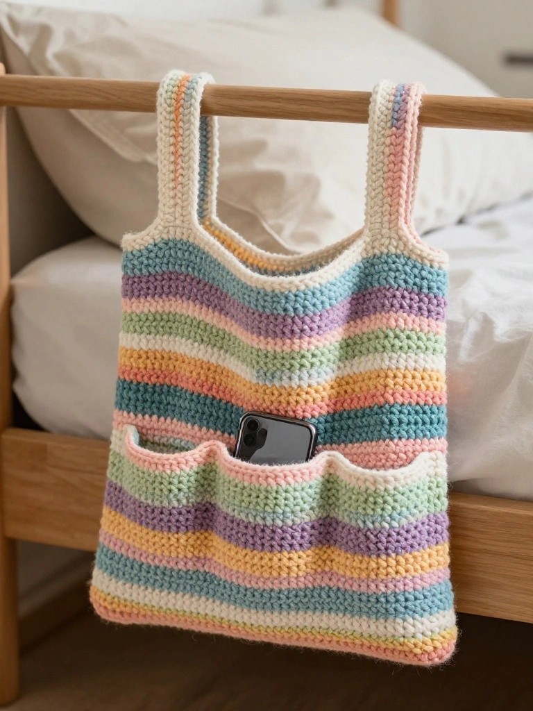 Striped Crochet Tote Bag with Front Pocket