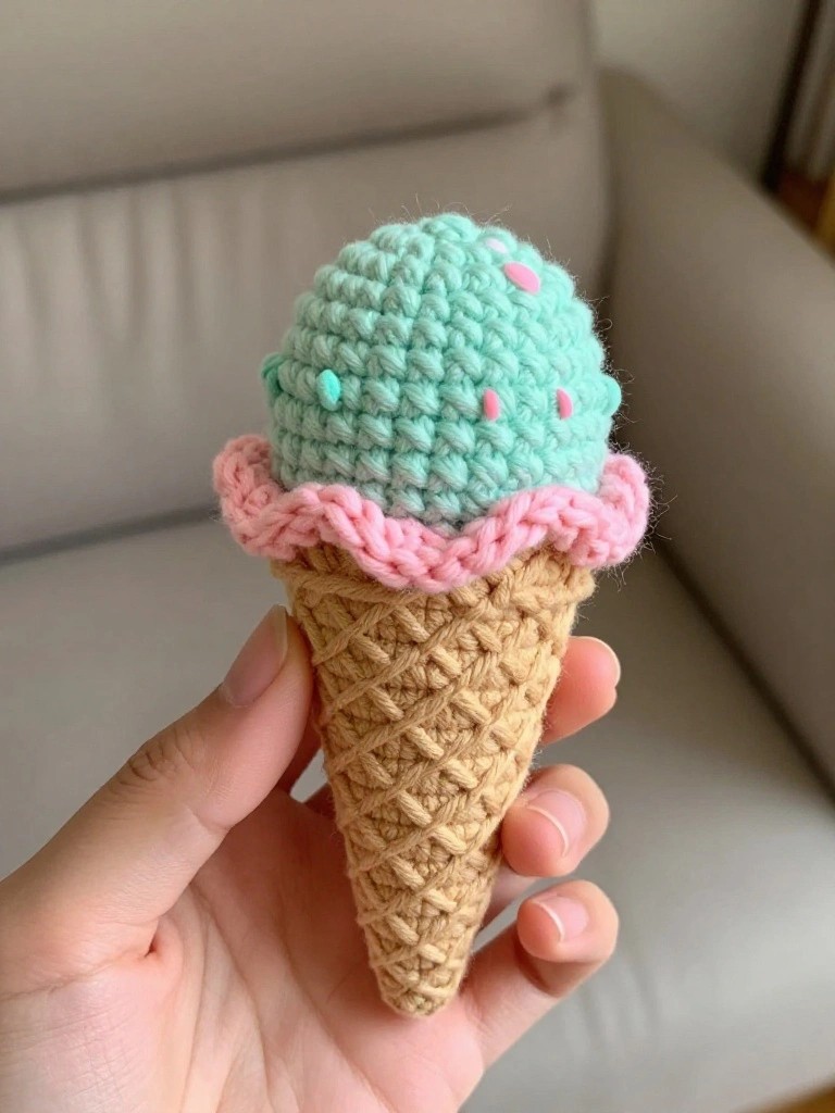 Hand holding a crocheted ice cream cone keychain with tan textured base, pink ruffled edge, and mint green scoop with pink and teal dots.