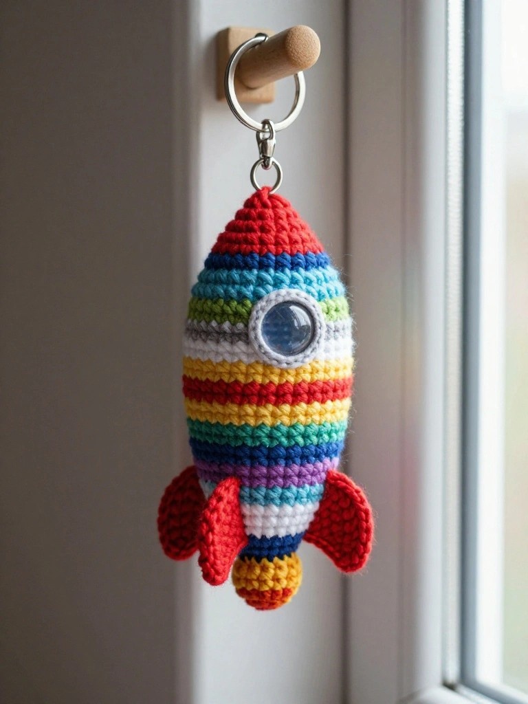 Rainbow Striped Rocket Keychain
