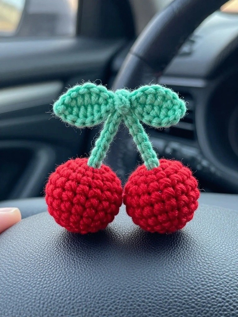 Crocheted Cherry Pair for Dashboard Accents