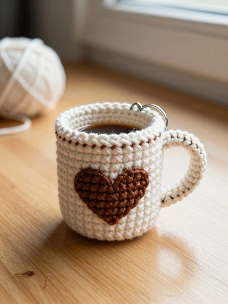 A small crocheted white mug keychain with a brown heart on the front and a metal ring at the rim rests on a wooden surface.