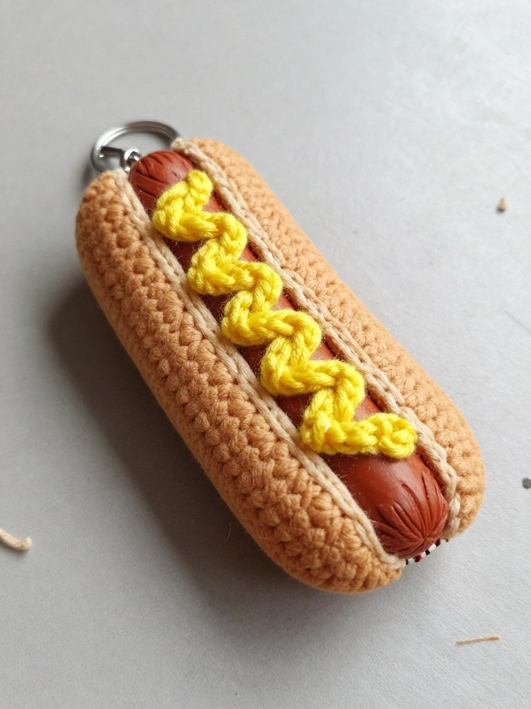 Hot Dog Keychain with Yellow Mustard
